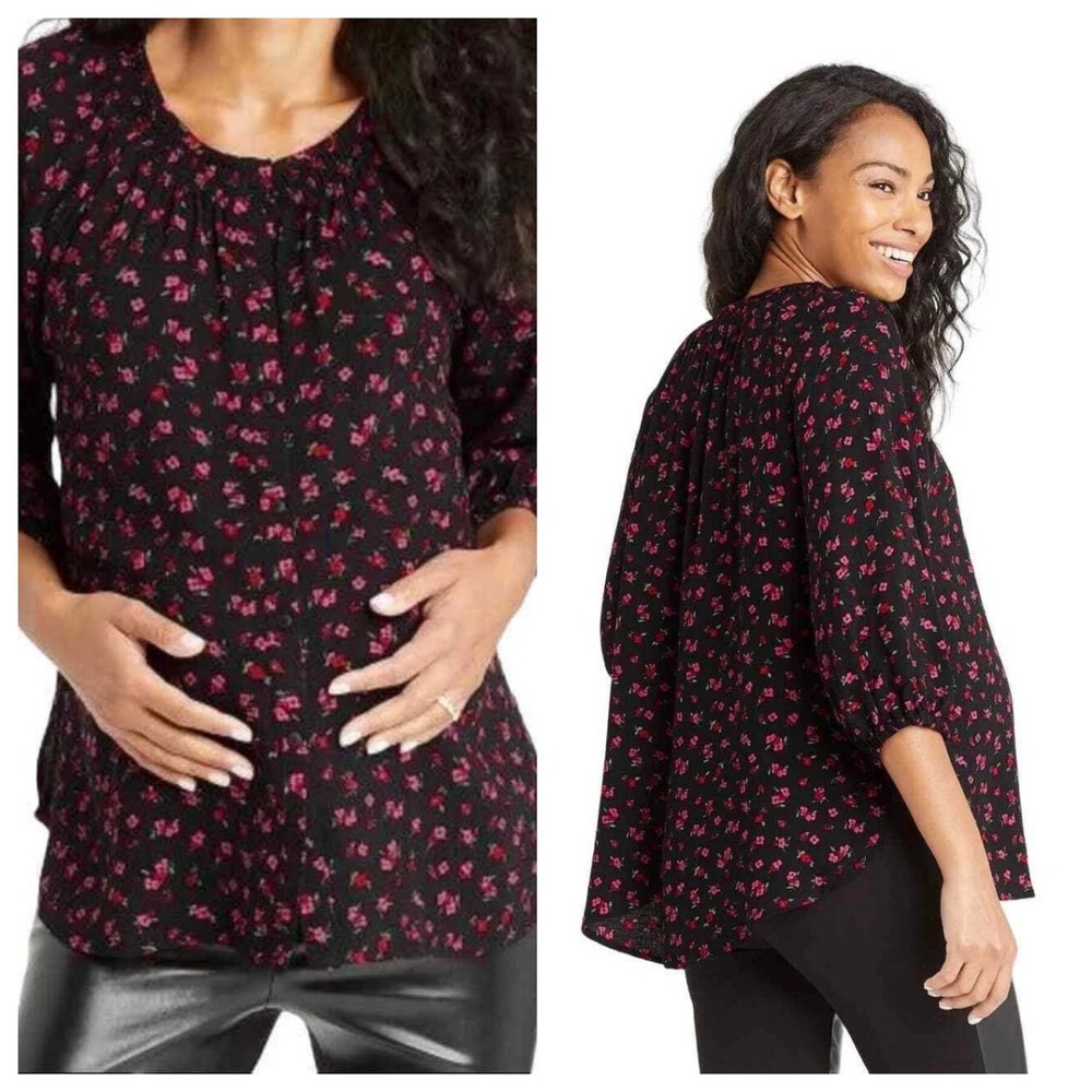 The Nines by Hatch Maternity Ditsy Floral Top XXL Black Pink Button Up Smocked